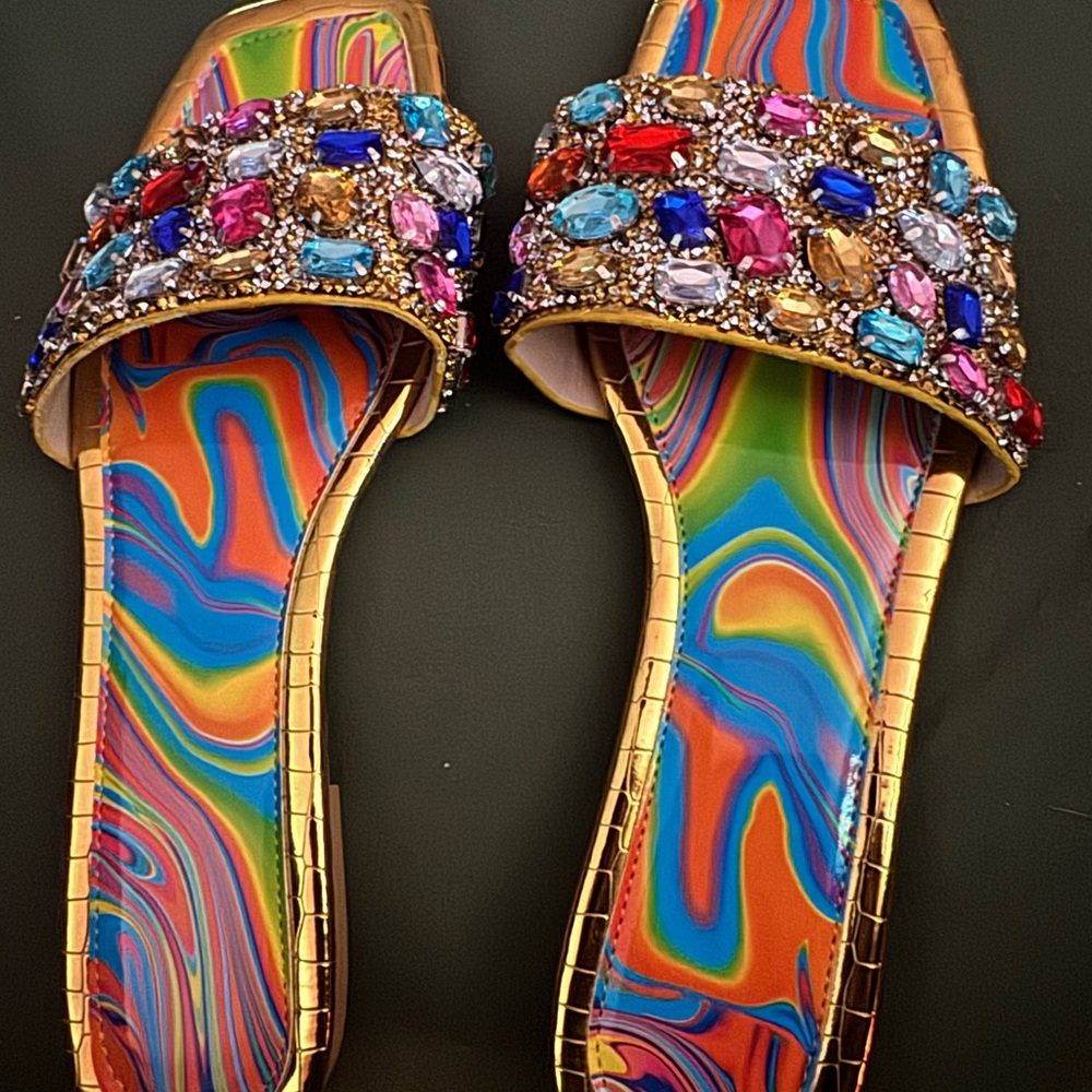 Colorful Gemstone Embellished Slide Sandals